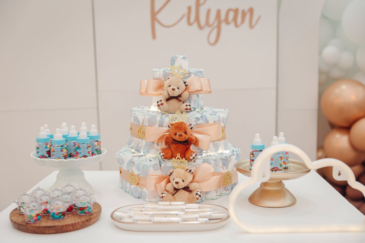 Cute teddy bear-themed diaper cake for a festive baby shower celebration.