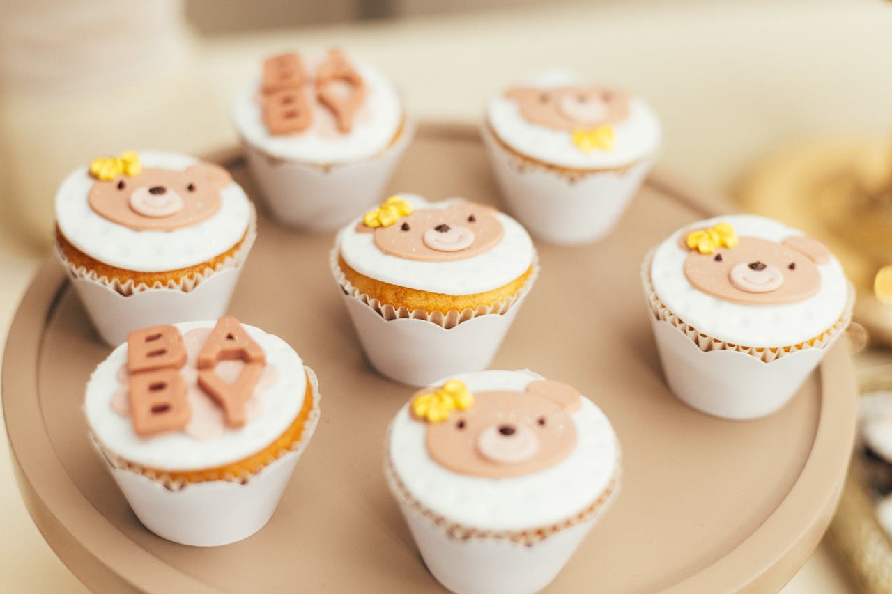 Adorable bear cupcakes perfect for a baby shower celebration.