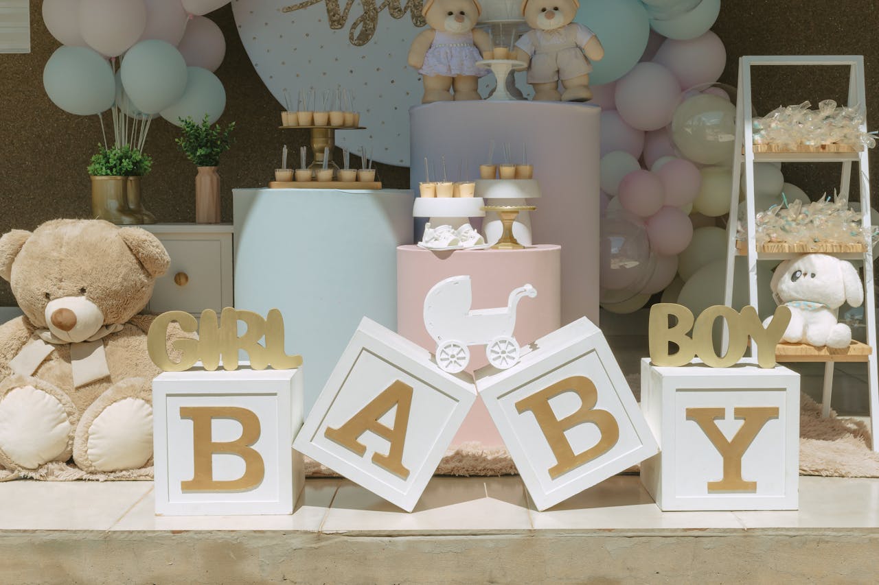 Celebrate the joy of new beginnings with this charming baby shower setup featuring pastel decor and teddy bears.