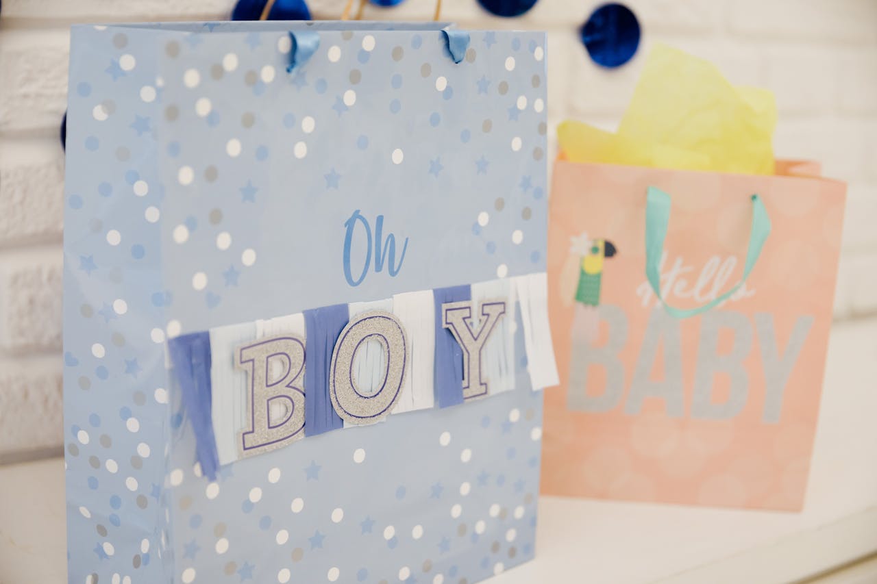 Two colorful gift bags for a baby shower with 'Oh Boy' text in blue and pink tones.
